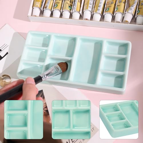 Porcelain Watercolor Palette - 10 Well Ceramic Artist Paint Palette with Mixing Tray for Painting and Craft Projects（Green） - color: Green