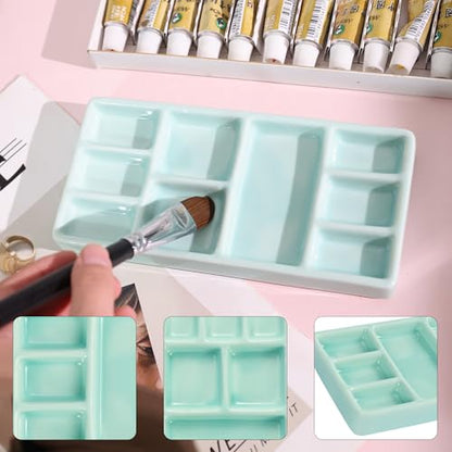 Porcelain Watercolor Palette - 10 Well Ceramic Artist Paint Palette with Mixing Tray for Painting and Craft Projects（Green） - color: Green
