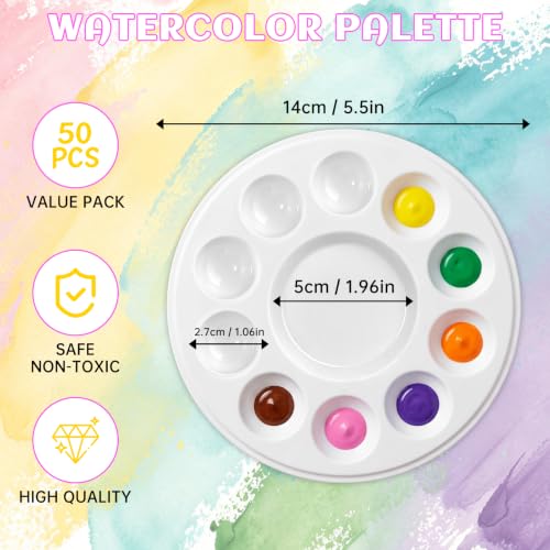 Round Paint Tray Palettes, 50 Pack, One Time Use Plastic, White 5.5 Inch | Mini Watercolor Painting Palettes for Students, Kids, Paint Holder, DIY Craft Class, Paintings - color: Round