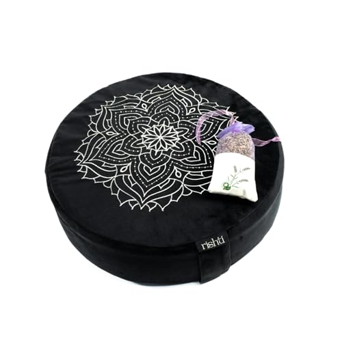 Black Velvet Embroidered Meditation Cushion - Buckwheat Filled with Lavender and Removable Foam Pad - Ideal for Yoga, Stress Relief, Mindfulness, and Holistic Living