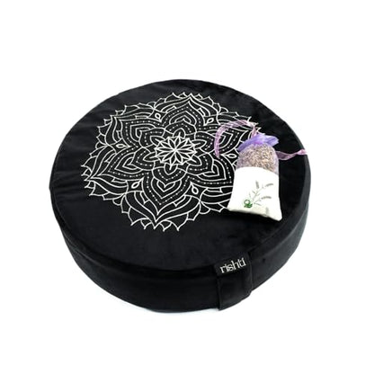Black Velvet Embroidered Meditation Cushion - Buckwheat Filled with Lavender and Removable Foam Pad - Ideal for Yoga, Stress Relief, Mindfulness, and Holistic Living