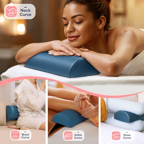 Half Round Massage Bolster, 17x6x4 in PU Leather Pillow with Strap Handle | Comfortable Half Moon Bolster Pillow for Legs Under Knees Back Pain Relief, Massage Table Bolster for Neckrest Spa / Home Use - color: Small Blue - 17x6x4 in - Pu Leather