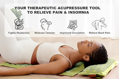 UNMERA Acupressure Mat and Pillow Set,Natural Linen & Coconut Fiber Filling | Back/Neck Pain Relief, Sciatic, Headache and Muscle Relaxation, Comes with Carrying Bag - color: Forest Green