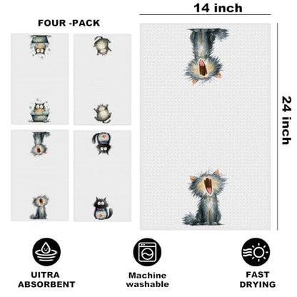 4 Pcs Funny Cat Kitchen Towels, Cute Cats Gifts Reusable Hand Towels-04 - color: Multi 1619