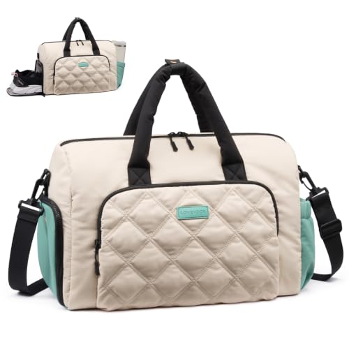 LOVEVOOK Gym Bag for Women with Large Water Bottle Pocket,Green and White | Shoe Compartment,Duffle Bag with Wet Pocket,Overnight Bags,Lightweight Carry on Weekender Duffel for Workout Dance Ballet - color: Green and White, size: Large