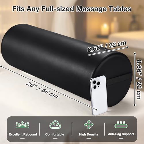 Full Round Bolster Pillow, 26" x 9" PU Leather Massage Table Bolster | Massage Pillow with Strap Handle for Knee Back Ankles Pain Relief, Comfortable Leg Bolsters Cylinder Pillow for Home/SPA/Yoga - color: 9“ Full Round - Black