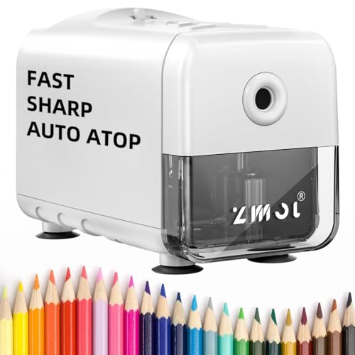 ZMOL Heavy Duty Electric Pencil Sharpener, Plug-in, 6.5-8mm, White | Auto Stop,Fast Sharpening, for Colored Pencils,Large ShavingsBin, Stable Desk Base, for Classroom/Office/Art Studio Use - color: White