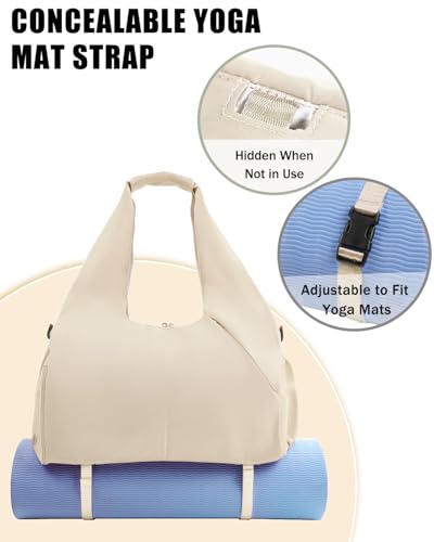 RHDZO Gym Bag for Women with Shoe and Wet Compartments, Yoga Mat Holder - color: Beige