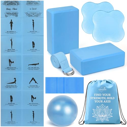 Foldable Non-Slip Yoga Mat and Blocks Set for Women, 9-Pcs Yoga Starter Kit - color: Blue