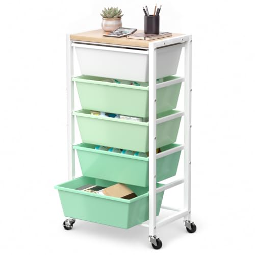 Rolling Cart with 5 Drawers, Plastic Drawer Storage Carts with Wheels & Wooden Tabletop, Metal Utility Cart for Office Bedroom Living Room Classroom, Craft Organization and Storage, Green - color: Green