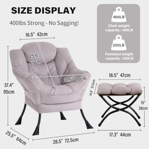 Tiita Modern Lazy Chair with Ottoman, Large Accent Armchair, Leisure Sofa Armchair with Footrest for Bedroom, Living Room, and Dorm Rooms | Foldable Footrest, Padded Seat and Backrest, Side Pocket for Lounging in Living Rooms, Bedrooms, Dorms and Small Sp