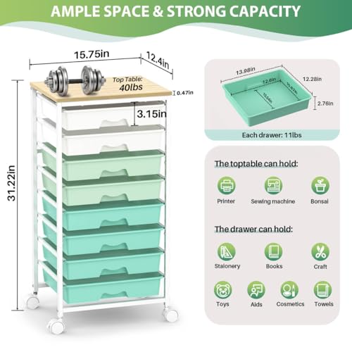 Goovilla Rolling Cart with 8 Drawers for Art, Dorm, Office, Craft, Green | Utility Cart Organizer With 8 Removable Drawers and Wooden Tabletop, Lockable Rolling Storage Organizer for Classroom, Home - size: Green