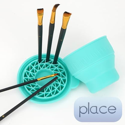 Collapsible Paint Brush Cleaner with Lid, Silicone Paint Water Cup with Scrubber Bottom for Watercolor Acrylic Oil Painting, Portable Brush Washer Holder for Artists & Students, Green