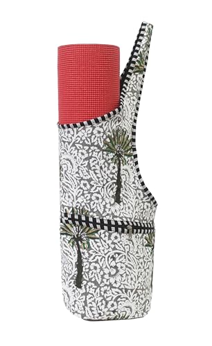 INDIAN CRAFT CASTLE Yoga Mat Bag | Tote Mat Bag | Sling Yoga Tote w/Large Side Pocket & Zipper Pocket | Yoga Mat Carrier Fits Most Size Mats - color: White & Grey