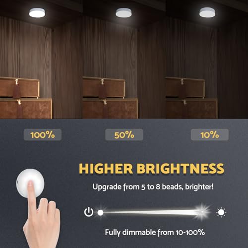 DAZZY DOT Rechargeable Puck Lights 2-Pack, Magnetic Tap Light, Cool White | Dimmable touch control, magnetic & adhesive mounting, 1000mAh rechargeable battery, 8 LED beads, brightness memory - color: Cool White