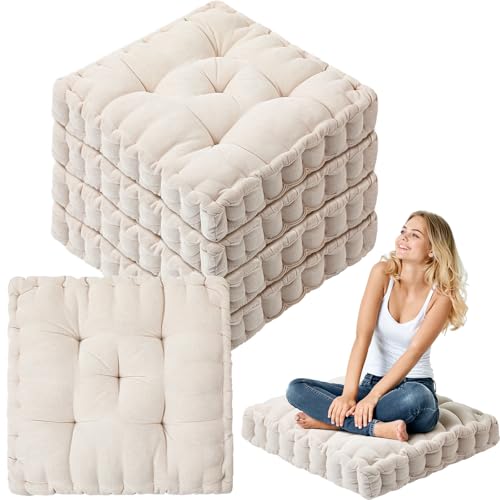 Jerify Ivory White 4 Pcs Large Floor Pillow Cushion,Square 20 x 20 | Round Square Flexible Seating Floor Meditation Pillow for Classroom Adult Picnic Party Learning Daycare School Reading Corner - color: Ivory White, size: Square 20 x 20