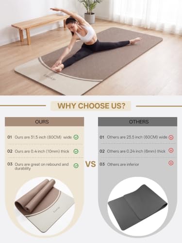 EaseUp 10mm Thick Yoga Mat, 73"×31.5" Extra Wide, Non-Slip with Strap - color: brown