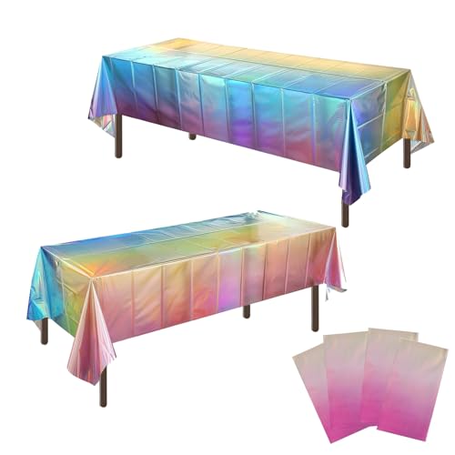 OQOQ Pastel Gradient Iridescent Tablecloth (4 Packs) - 108x54 Inches Rainbow Plastic Table Cloth Disposable Table Cover for Birthday Baby Showers Bridal Showers Princess Theme Party Decorations - color: Pastel Gradient