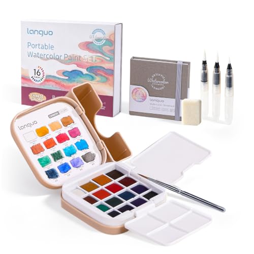 Mini Watercolor Paint Set 16 Colors, Travel Art Kit All-in-One | 3 Water Brush Pens, 1 Detail Pen, 2 Palettes, 1 Watercolor Book, 1 Bottle, for Travel, Outdoor Sketching (Chinese Color) - color: Chinese Color