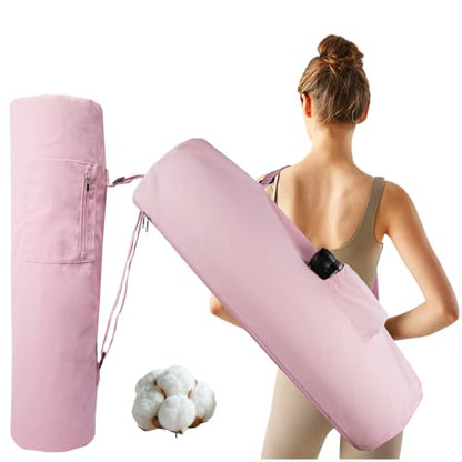 Cotton yoga mat bag with Pockets and Adjustable Strap - Full Zip Cargo Yoga Mat Carrier Bag - Bag for 1/4" 1/3" Thick Yoga Mat - color: Pink, size: XL