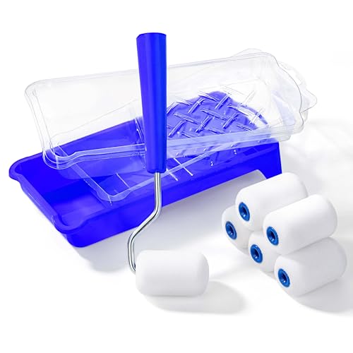 Bates- 2 Inch Foam Paint Roller Kit, 10 Pack Small Paint Roller Kit | 1x Plastic Paint Tray 2x Clear Disposable Tray Liners 1x Roller Frame & 6x Mini Foam Covers for Painting Wall Door Cabinet - color: Blue