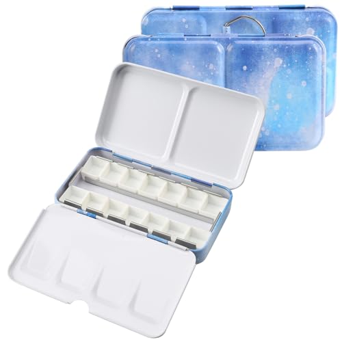 Empty Watercolor Palette Tin - Sturdy Watercolor Tin with Paint Tray and 14PCS Empty Watercolor Half Pans - Customizable Portable Metal Watercolor Tin - style: Snow