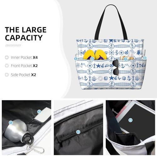 Large Beach Bag for Women Waterproof Foldable Travel Shoulder Tote Bag with Pocket for Weekender Pool Vacation - color: Cruise White