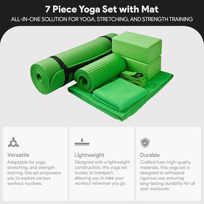 BalanceFrom 7-Piece Yoga Set with 71x24x0.5 Inches Extra Thick Mat and Carrying Sling – Includes 2 Blocks, Stretch Strap, 2 Towels, and Knee Pad for Home, Studio, and Gym Workouts - color: Green