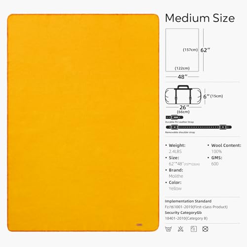 Molithe 100% Wool Blanket, 62" x 48", Warm, Thick, Military, Camping Gear - color: Yellow, size: Medium