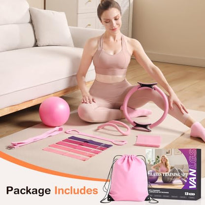 Pilates Kit 13Pcs Home Pilates Essentials Workout Kit with 13" Ring, 10" Ball and Resistance Bands for Women at Home Pilates Equipment Set for Beginners