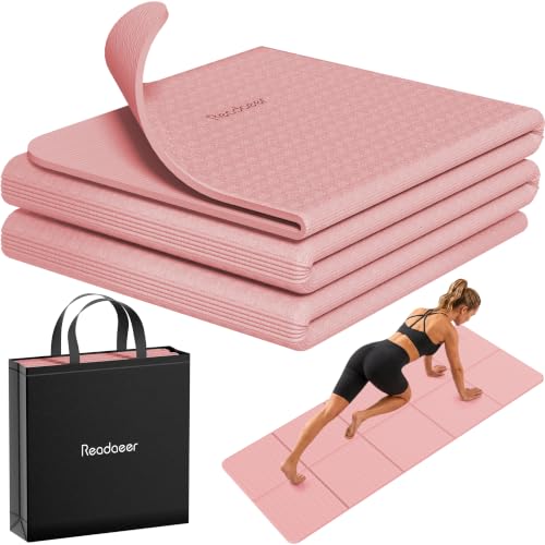 Readaeer Foldable Yoga Mat for Travel Folding Yoga Mat 6mm Thick with Carrying Bag, Non-Slip TPE Exercise Pilates Mat for 72" L x 24" W x 0.24 Inch - color: Pink