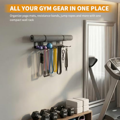 Wall Mounted Gym Equipment Storage Rack, Heavy Duty Steel Organizer with Top Floating Shelf, 2-Tiers Holding for Yoga Mat, Resistance Bands, Jump Ropes and Lifting Belts, Black
