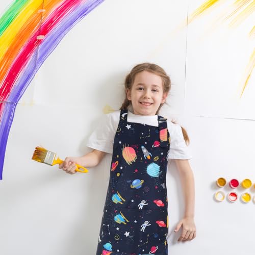 2 Pack Kids Apron, Cute Cooking Aprons, Waterproof Art Apron with Pockets, Toddler Painting Artist Apron Adjustable - color: Space and Dinosaurs, size: 40*50cm