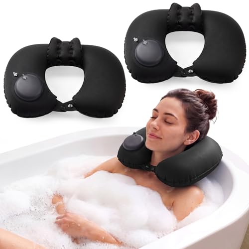 Colingmill 2 Pcs Inflatable Bath Pillows for Tub, U-Shaped Neck & Head Support Cushion, Portable Blow Up Travel Neck Pillow with Adjustable Button for Airplanes & Home Spa (Black) - color: Black