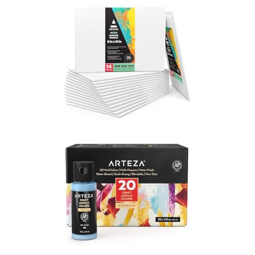 ARTEZA Canvas Boards for Painting, Pack of 14 and Craft Acrylic Paint Set of 20 Colors