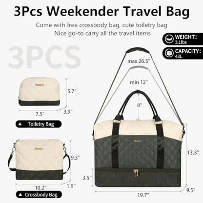 Weekender Bag, Large Travel Duffel Bag for Women, Carry on Overnight Bag with Shoe Compartment and Toiletry Bags - color: F-3PCS Beige Green