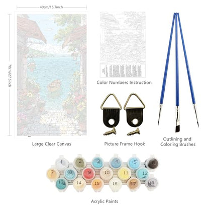 ARTGOTO Large Paint by Numbers for Adults Mediterranean Seaside Village | 15.7x27.5inch/40x70cm Paint by Number Kit on Canvas, Coastal Alley Acrylic Painting Set with Brushes & Instructions, No Frame - color: PBN062
