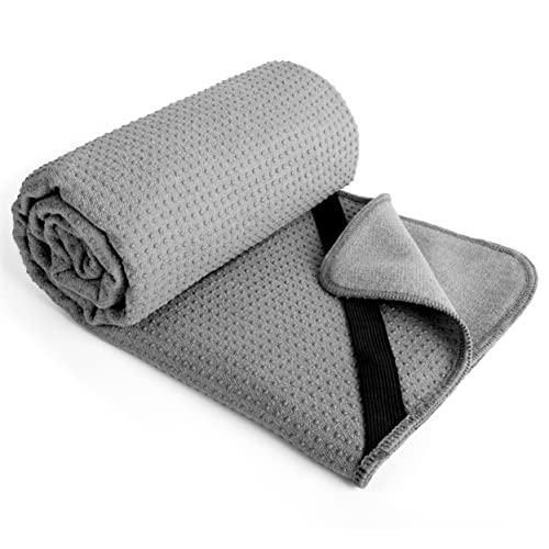 POLYTE Microfiber Non Slip Yoga Mat Towel, Secure Elastic Straps, 24x72 in - color: Gray