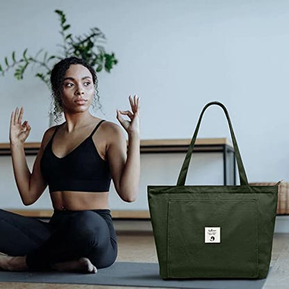 WLLWOO Yoga Mat Carrier Bag for Women Canvas Carryall Tote Gym Pilates | Large Holder Zipper Shoulder for Beach Travel Workout Fitness Office - color: Military green1