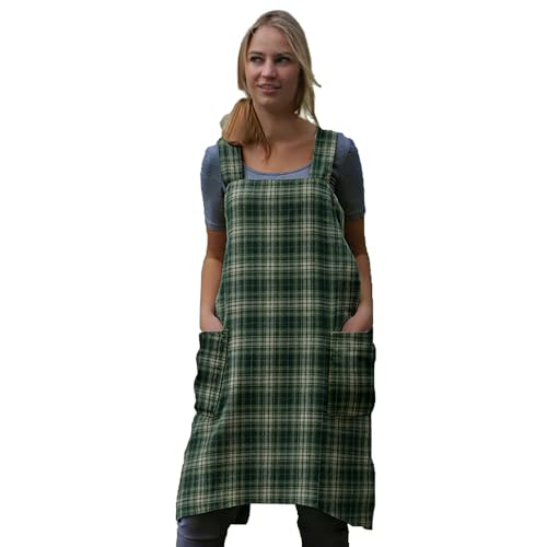 Women's Pinafore Square Apron Baking Cooking Gardening Works Cross Back Cotton/Linen Blend Dress with 2 Pockets - color: Gingham-green, size: Large