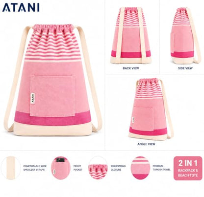 ATANI Turkish Beach Towel, Converts to a Bag, Oversized 100% Cotton Bath Towels Lightweight Quick-Dry Beach Blanket for Travel, Picnic, Camping, Yoga and Pool (Pink, 71 inc x 39 inc) - color: Pink, size: 71 inc x 39 inc