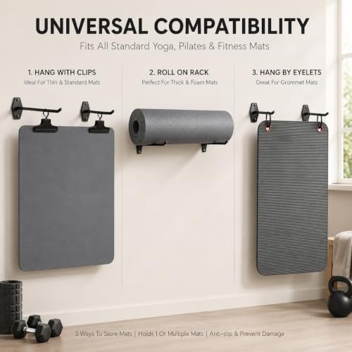 Heavy Duty Yoga Mat Holder Wall Mount & 2 Clip - for All Yoga Pilates | Yoga Mat Holder, Hanging Exercise Mat Storage Rack for All Fitness Mats, Space Saving(<20 lbs)