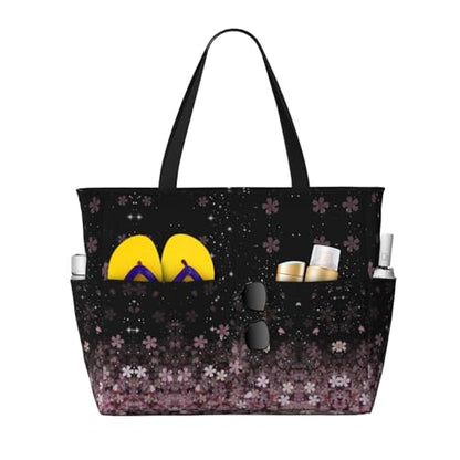 Large Beach Bag for Women Waterproof Foldable Travel Shoulder Tote Bag with Pocket for Weekender Pool Vacation - color: Floral Black