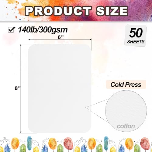 PATIKIL 50 Sheets Cotton Watercolor Paper 140lb/300 GSM Cold Press Water Coloring Paint Paper Round Corner for Art Painting Watercolor Drawing Artist, 8x6 Inch - size: 8x6 Inch