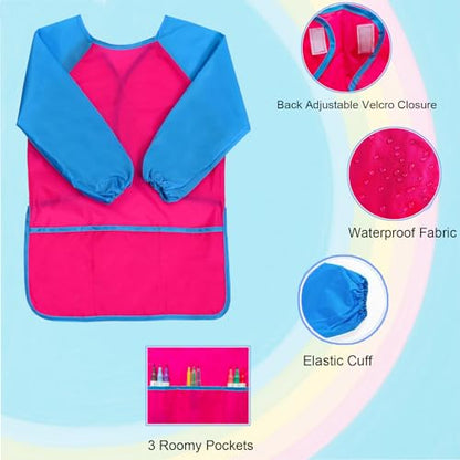 2 Pack Kids Art Smock Waterproof with Long Sleeve and 3 Roomy Pockets Artist Children Aprons for Toddlers Age 3-8 Painting Crafts(Rose Red0 - color: 2 Pack Rose Red