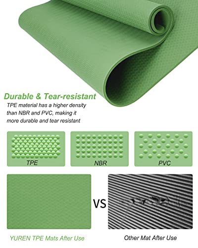YR Large Exercise Mat 76"x35" 10mm Thick TPE Yoga Mat Non Slip | Workout mats, home gym, anti-tear, easy-to-clean, odor-less, excellent cushion, with yoga bag - color: Green