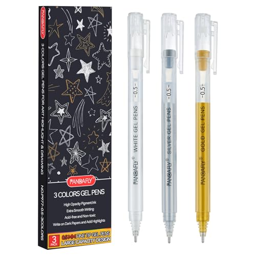 PANDAFLY Gold Silver White Gel Pens, 3-Pack, 0.5mm Fine Point | 3 Colors Archival Ink Pens for Highlights, Black Paper Drawing, Sketching, Illustration, Card Making, Bullet Journaling - style: Gold Silver White-0.5mm