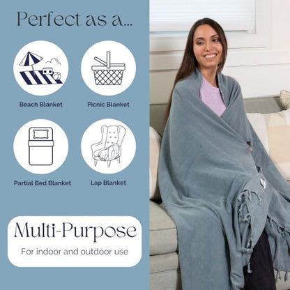 InfuseZen Stonewashed Turkish Organic Cotton Couch Throw Blanket - Denim - color: Large Denim (80" X 48")