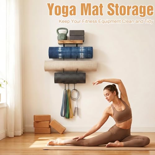 Yoga Mat Holder Wall Mount, Yoga Mat Organizer Storage Home Gym Accessories with Wood Floating Shelves for Storing Fitness, Yoga Mat Rack with 4 Hooks for Hanging Foam Roller and Resistance Bands