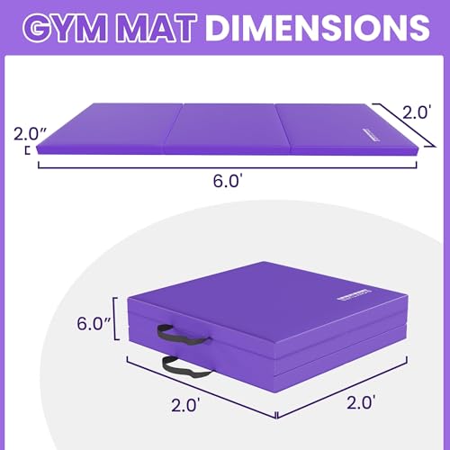 Fitvids Folding Exercise Gymnastics Mat for Tumbling, 2'x6'x2" Gym Workout Mat with Carrying Handles High-Density Anti-Tear Portable Fitness Aerobics Mats for Home Gym Yoga Pilates MMA Core Training - color: Purple